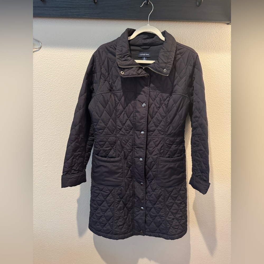 Lands' End Women's Long Puffer Parka Coat, Black Quilted, Size Medium 10-12